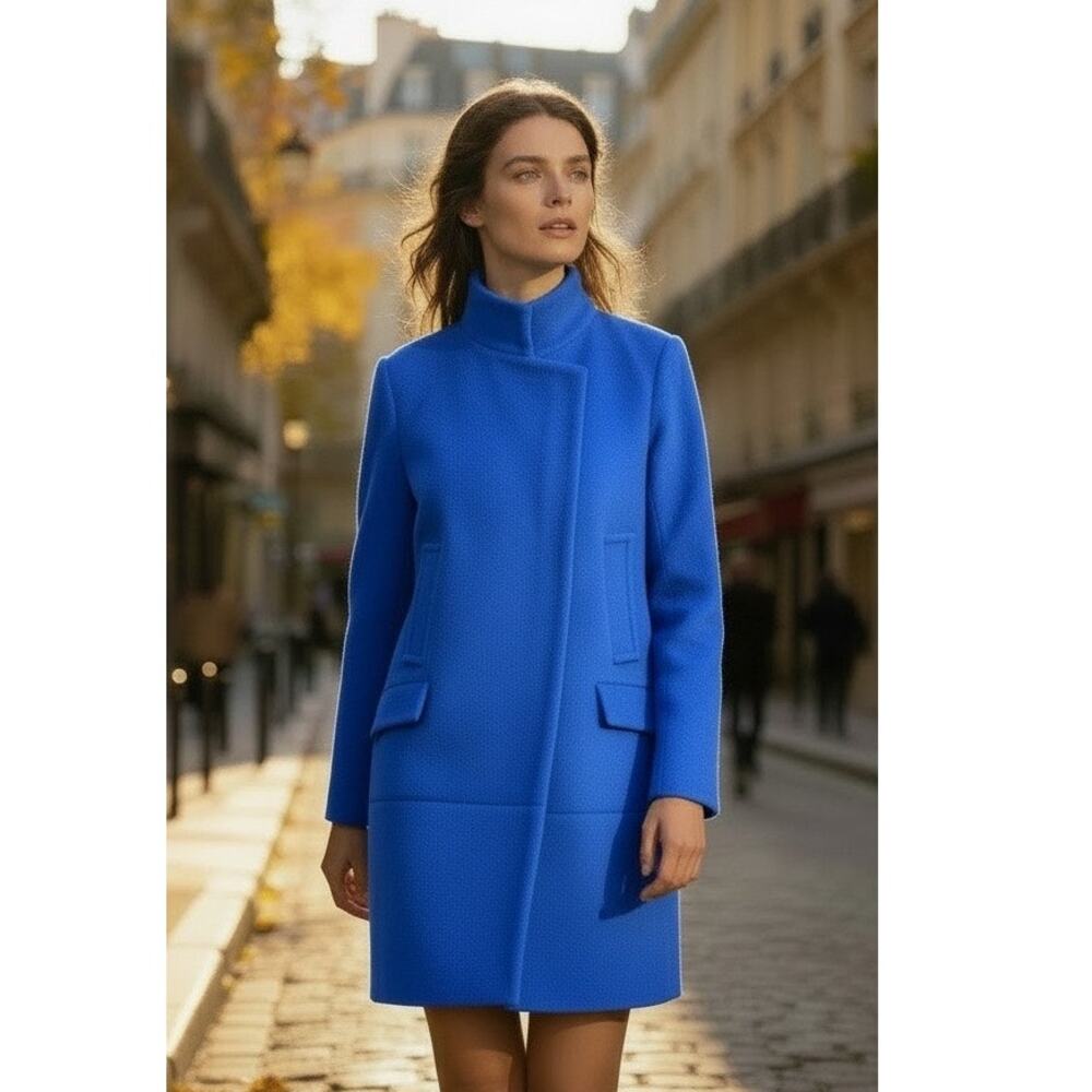 Diane von Furstenberg DVF Cobalt Blue Wool Asymmetrical Zip Coat Jacket 6 EUC